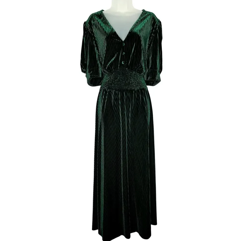 Velvet Smocked Maxi Dress 24W 3X Emerald Full Sweep Fall 40s Retro Pinup Fashion